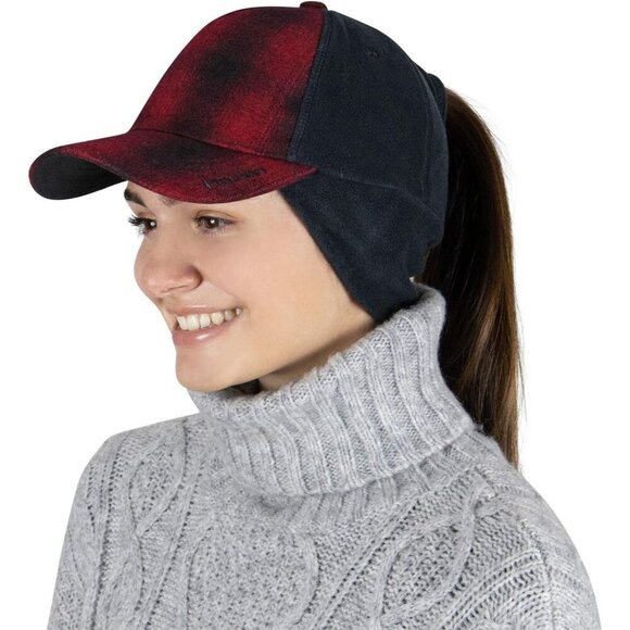 〽️Women’s  Red Plaid Winter Ponytail Trucker Hat with Drop-Down Ear Warmers